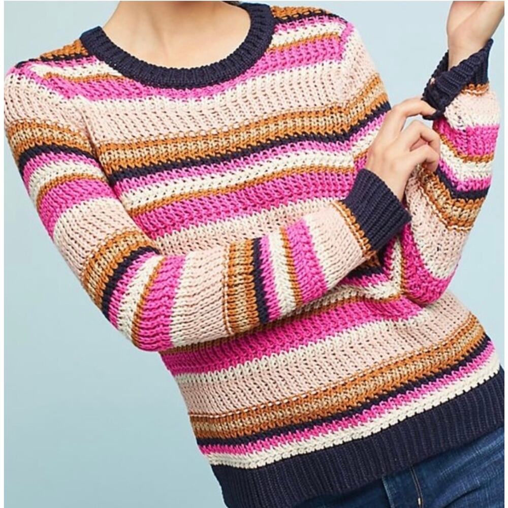 Moth Anthropologie Women's Cate Striped Knit Sweater Round Neck Y2K Chunky Sz L